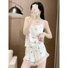 Women's Pajamas Sexy Cherry Print Shorts Set Women's V Neck Halter Pajama Set Sweet Short Sleeve Lace Pajamas