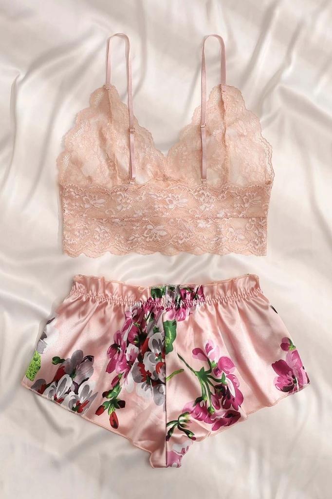 Lace Bustier Floral Bra Shorts Pajama Set Satin