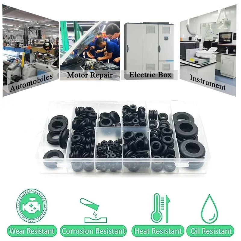 170pcs M7.14/M9.53/M12.07/M15.88/M19.05/M22.23/M25.4 Black Rubber Grommet Hole Plug Assortment Kit Electrical Wire Tools Set