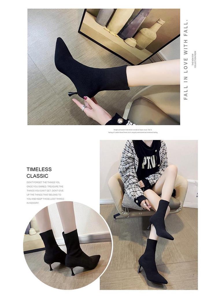 European Autumn/Winter Stiletto Knitted Wool Pointed Toe Sock Ankle Boots: Slimming, Elastic High Heels for Women.