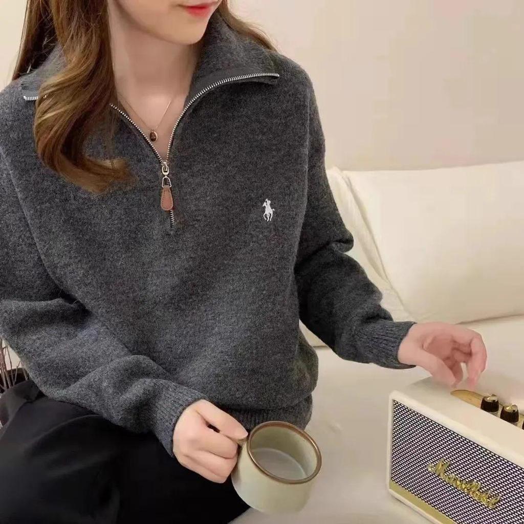 Women's High-End Half-Zip Pullover Sweater - Autumn/Winter Solid Color, Cozy Lazy Style Top