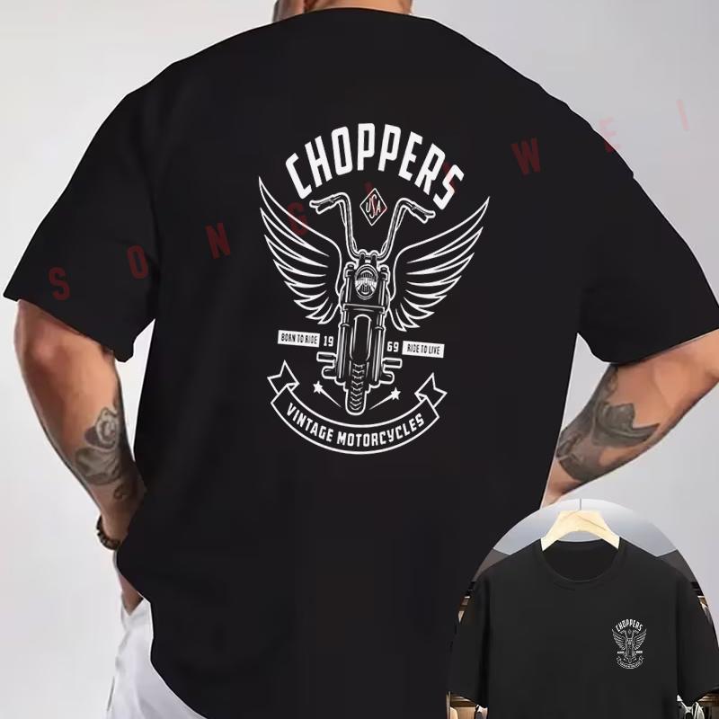 Vintage Chopper Motorcycle Emblem T-Shirt Double-Sided Print Men's Summer Short Sleeve Round Ne