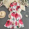 Women's Floral Print Dress A-line Elegant Vintage Lady Summer Dresses with Belt Casual Vestidos