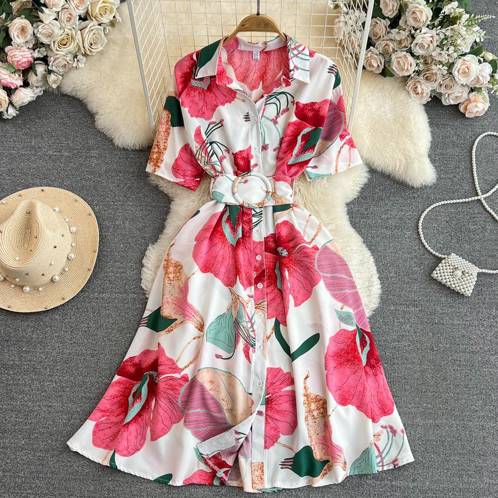 Women's Floral Print Dress A-line Elegant Vintage Lady Summer Dresses with Belt Casual Vestidos