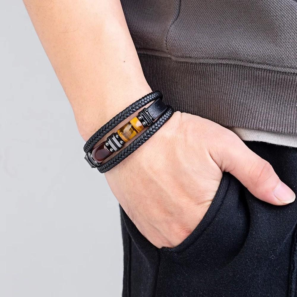 Adjustabl Leather Bracelet Multi-Layer Beaded Bracelet Tiger Eye Stone Bracelet Women