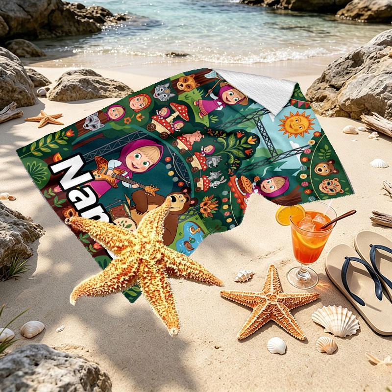 Custom Name Personalized Masha and the Bear Print Beach Towel, for Trip Camping Beach Party Home Decor, Birthday Gift for Family & Friends