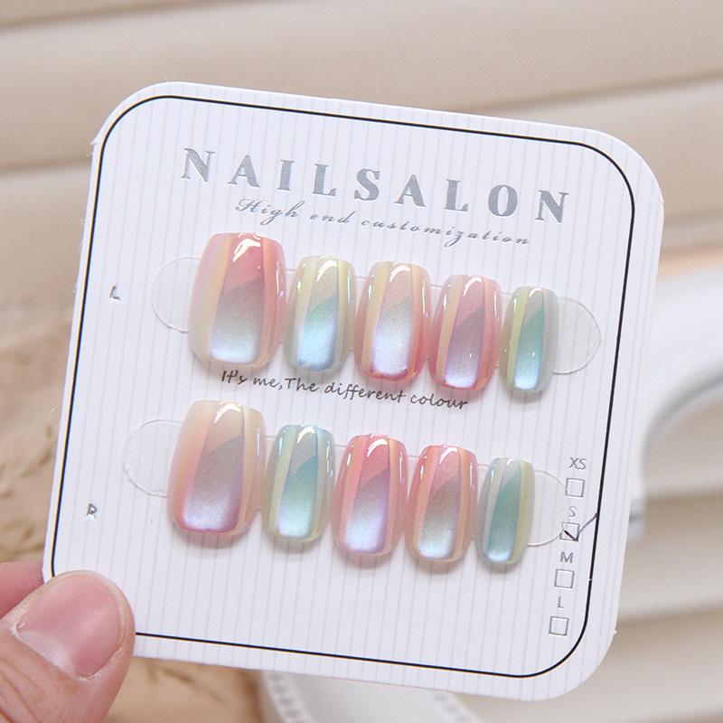 10pcs Short Candy Color Rainbow Gradient Cat's Eye False Nails Square Head Girl Lady Press On Nail Wearable Detachable Nail Tips