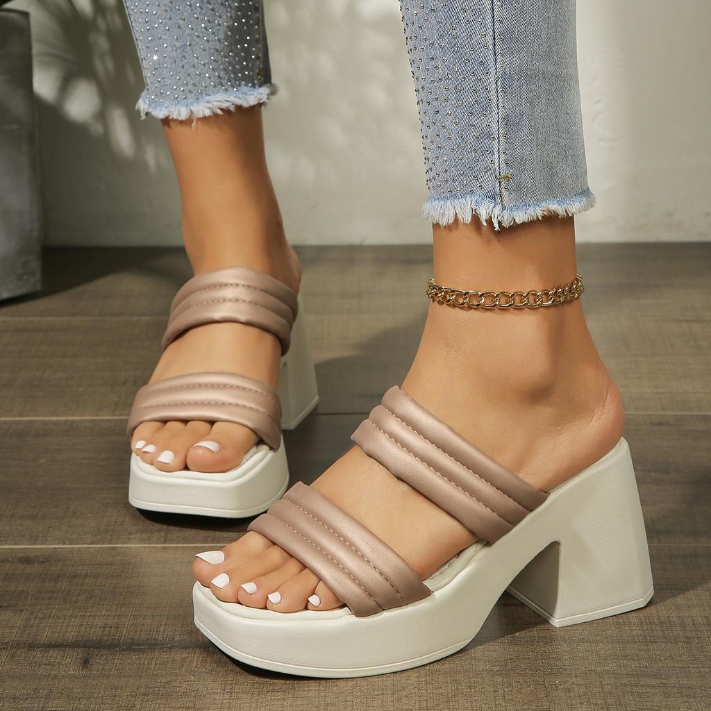 Модные женские тапочки Летние туфли с квадратным носком на толстом высоком каблуке Женская обувь Повседневные босоножки на толстой подошве Удобные тапочки Тапочки на высоком каблуке