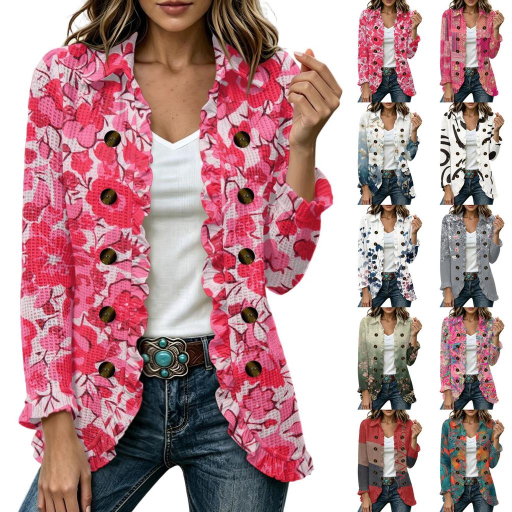 Women's Fashion Floral Print Long Sleeve Ruffled Open Front Cardigan for Everyday Casual Wear