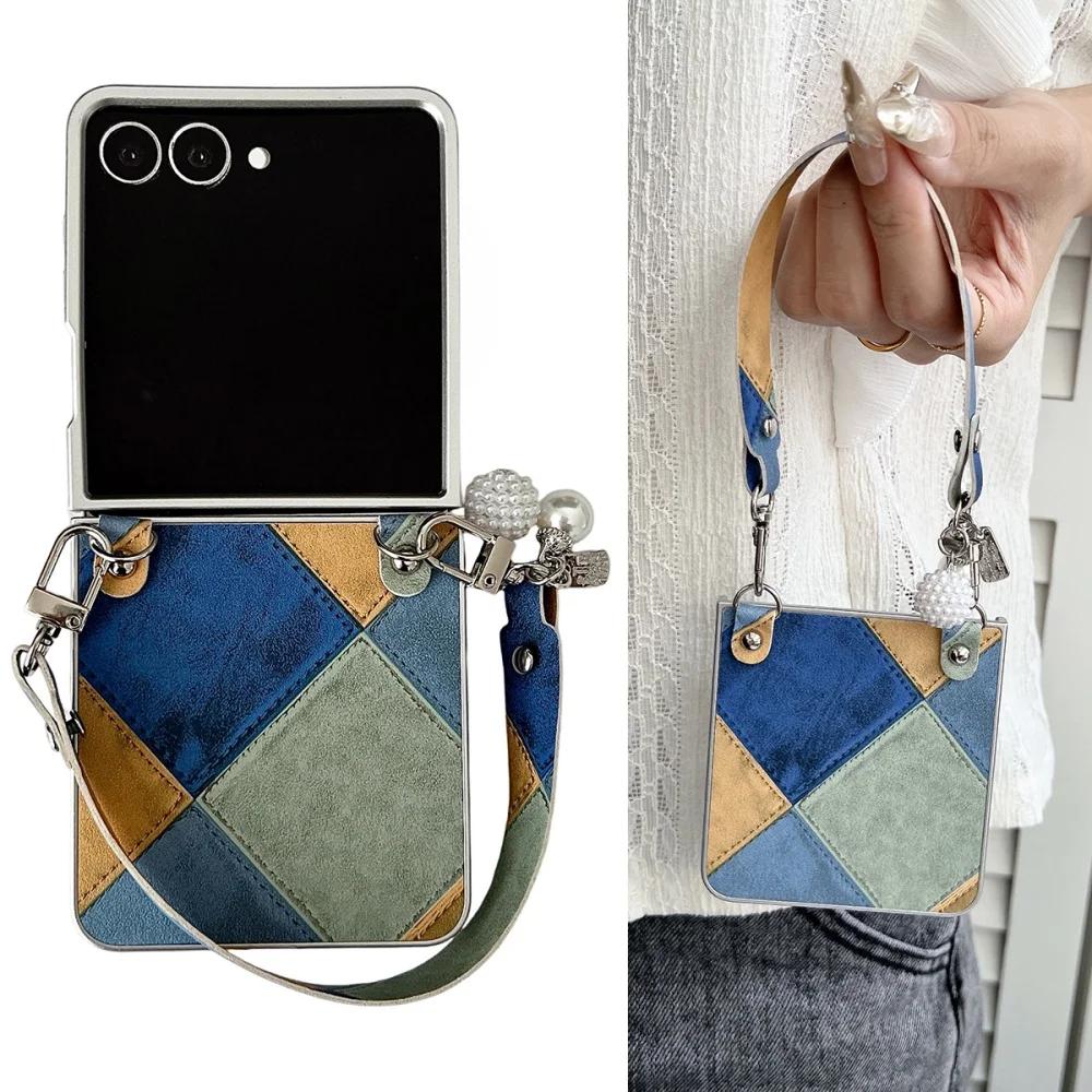 Fusion Business Sle Bla Color Collision Ремешок-браслет Кожаный чехол для телефона для Samsung Galaxy Z Flip 7 6 5 4 3 Защитная крышка