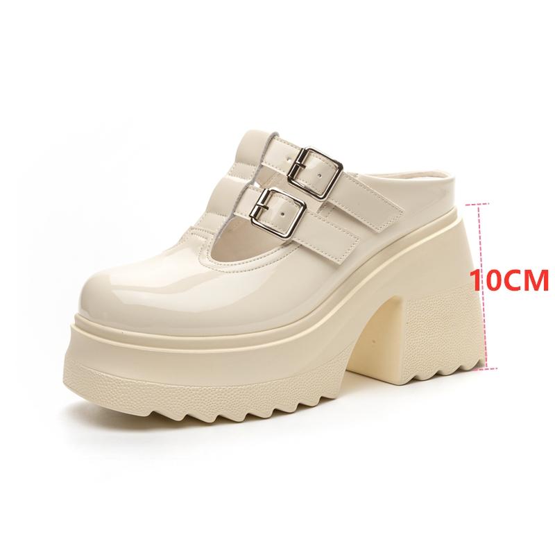 Стильные женские тапочки с закрытым носком 10 см на толстой подошве летние женские сандалии из лакированной кожи женские туфли