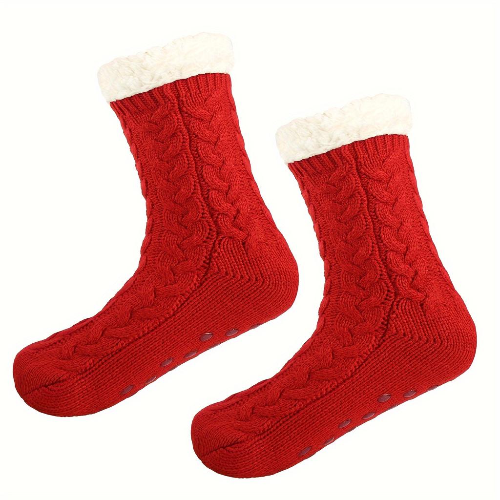 1 Pair of Women's Thick Plush Warm Floor Socks Braided Cozy Winter Casual Yoga Socks with Grips for Home Indoor Slippers Women