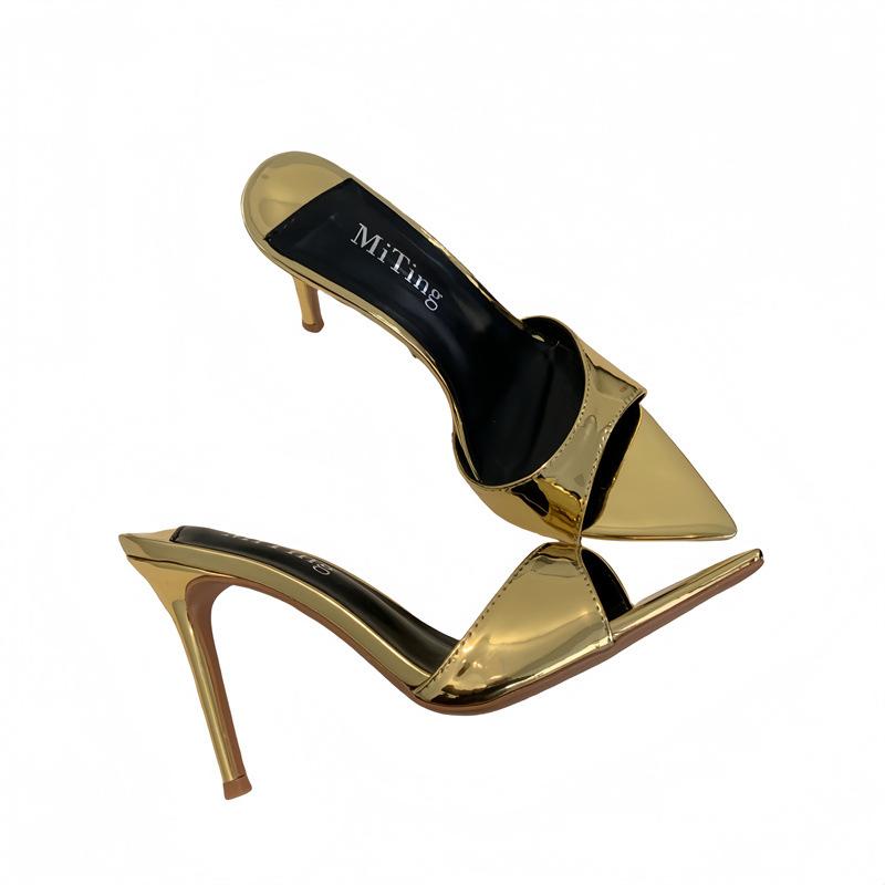 2025 Spring and Autumn New Fashion Versatile Open-toed Pointed Head Patent Leather Thin Heel One-word Drag Women Wear Cool Slippers High