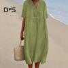Summer Women Dress V Neck Short Sleeves A-line Solid Color Big Hem Loose Pullover Casual Daily Wear Midi Dress Dating Commuting Long Dress
