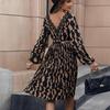 Autumn Winter Women Long Sleeve Print Elegant V-neck Casual A-Line Knee-Length High Waist Dress