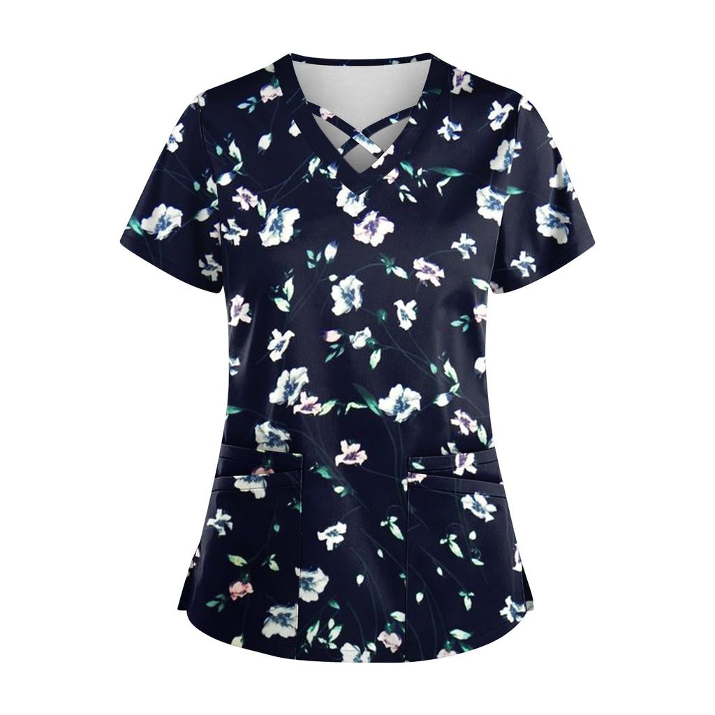 Плюс размер, милая рабочая форма с принтом, топы для женщин, забавные футболки с перекрестным v-образным вырезом и короткими рукавами, рабочая одежда, футболка с карманами