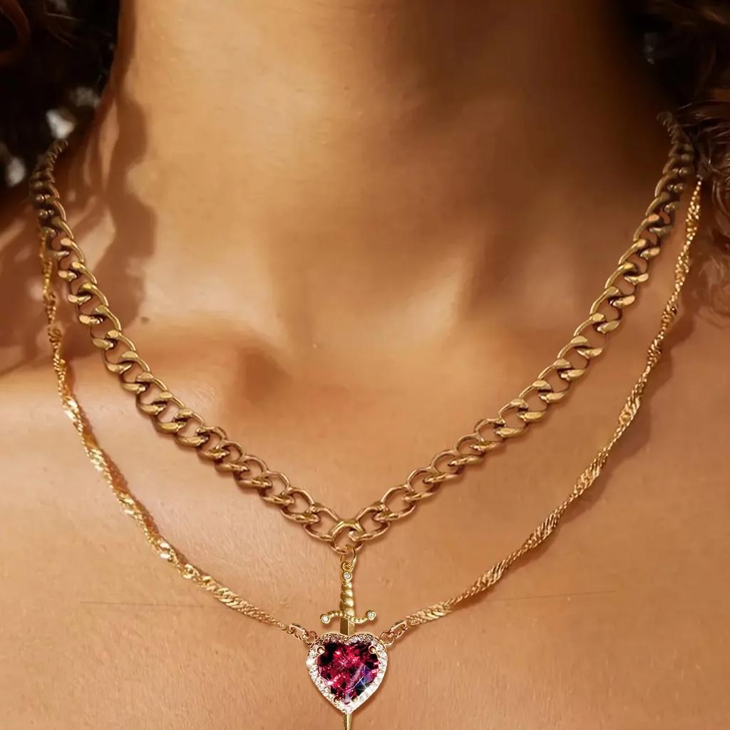 Can Be Assembled Heart and Sword Zircon Pendant Necklace for Women Men Couple Silver Gold Plated Choker Chain Jewelry