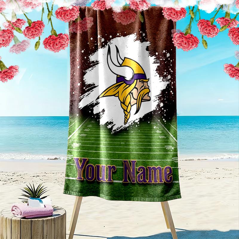 Name Custom Minnesota Vikings Logo Print Beach Towel, Large Soft Quick Dry Towel for Beach Camping Swimming