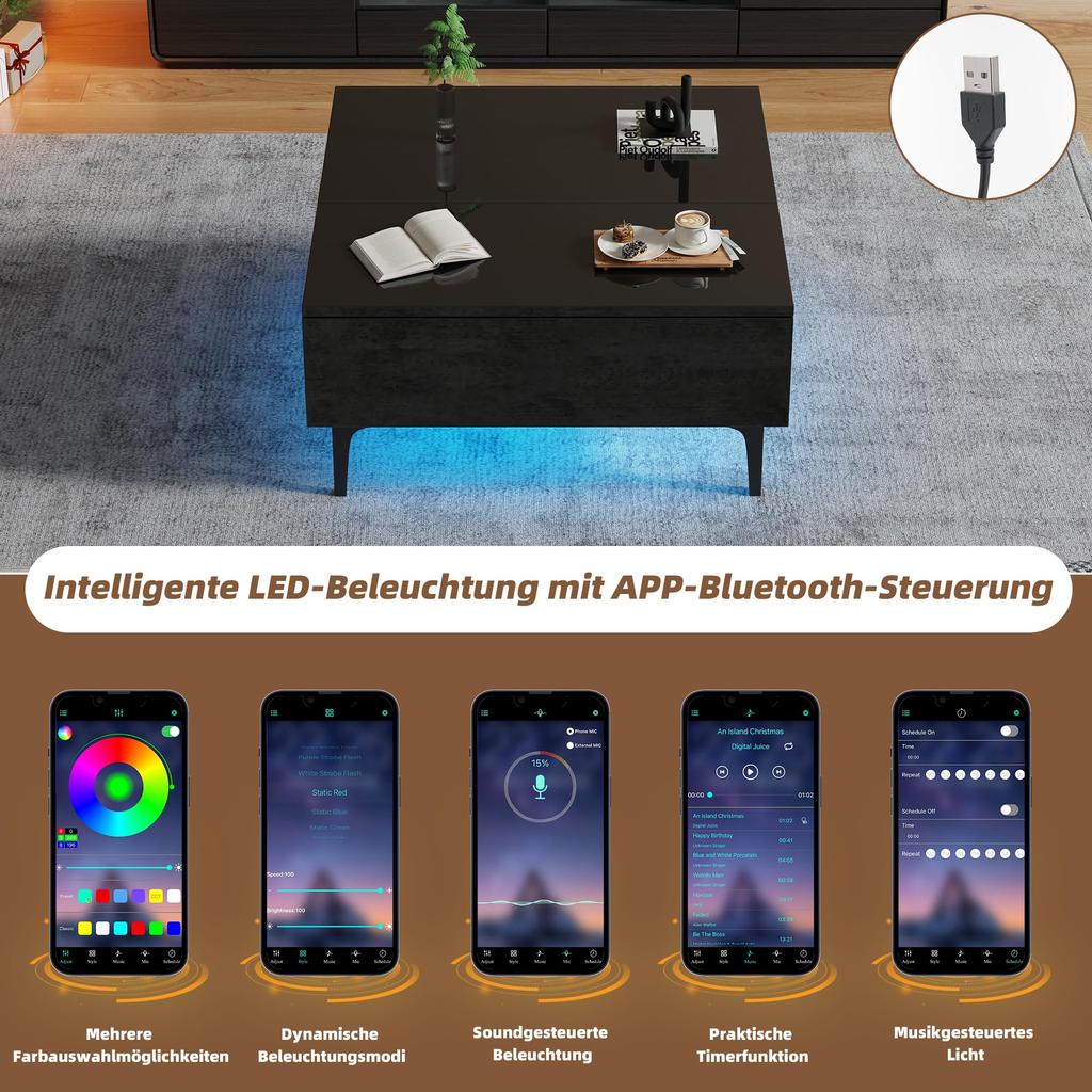 Couchtisch Platte, Moderner Kaffeetisch ausziehbarer LED, Sofatisch Schubladen & Versteckter Stauraum, Beistelltisch Wohnzimmer, Büro, Schwarz