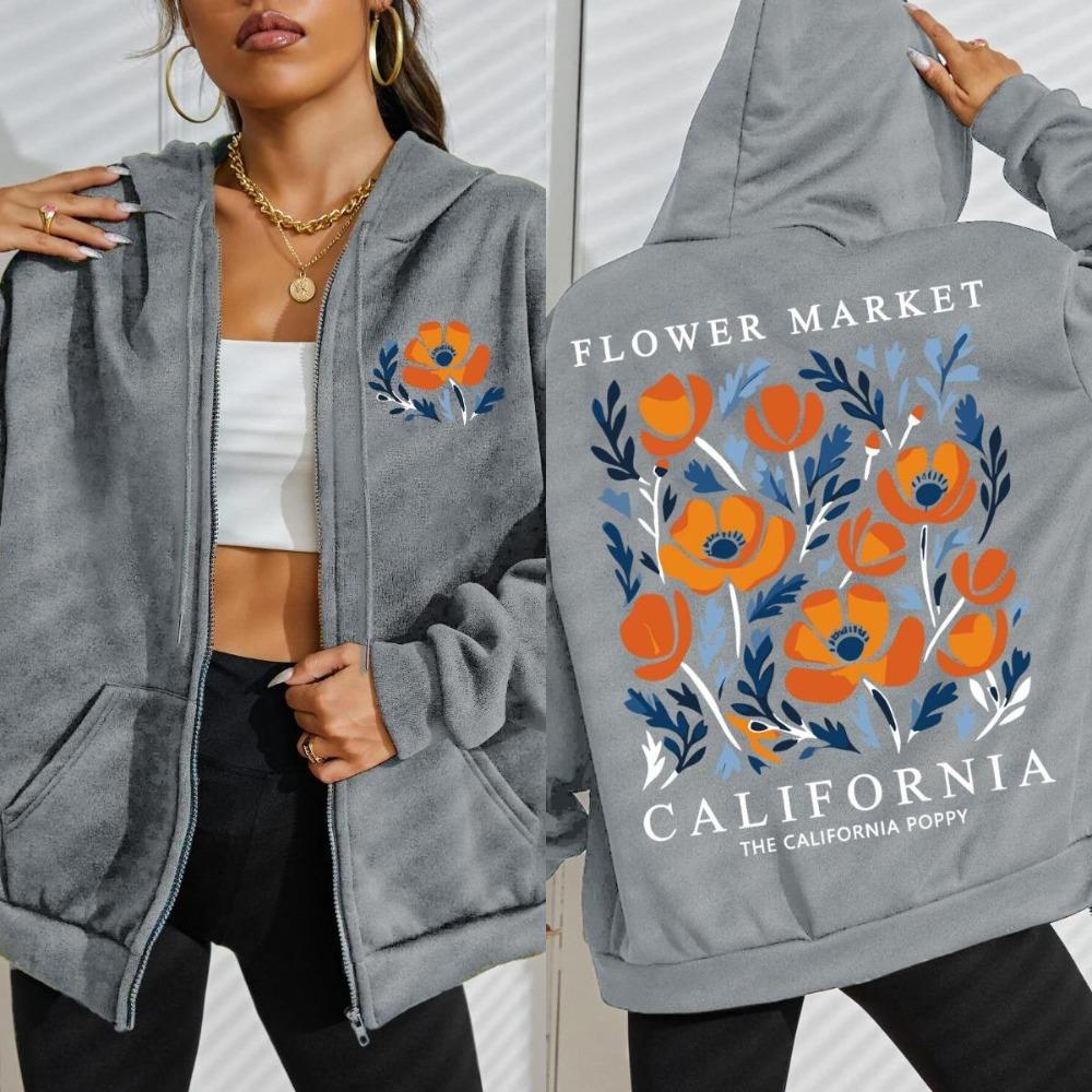 Рынок Желтых Цветов Калифорния Принты Женская Толстовка на Молнии Модная Свободная Толстовка Мягкая Повседневная Спортивная Одежда Осенняя Одежда