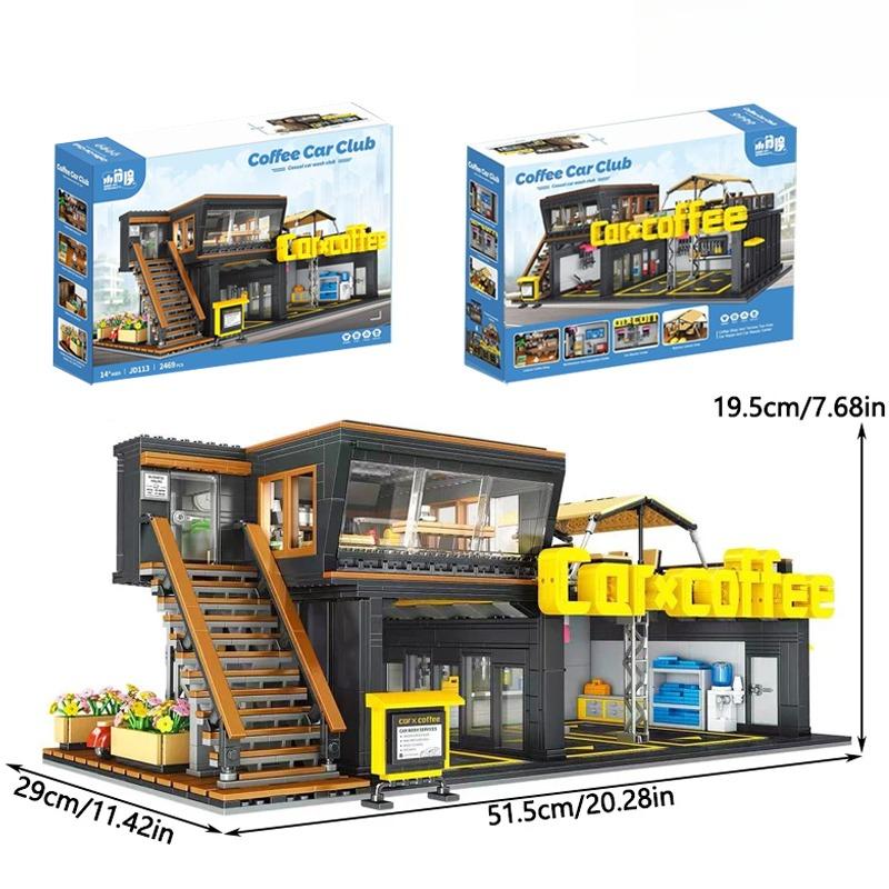 2469PCS Classic Street View Coffee Car Club,MOC Creative City Coffee Shop Model Bricks Assembling Building Block DIY Toys Gifts