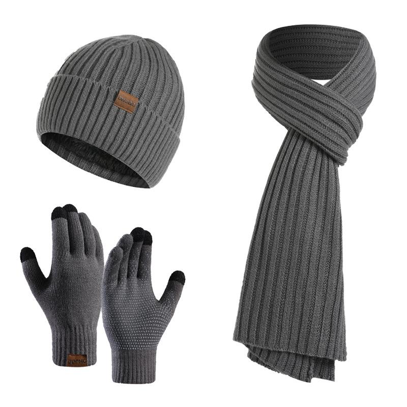 Men's and Women's Autumn and Winter European and American Knitted Hat Sets Solid Color Scarf Hat Three-piece Set