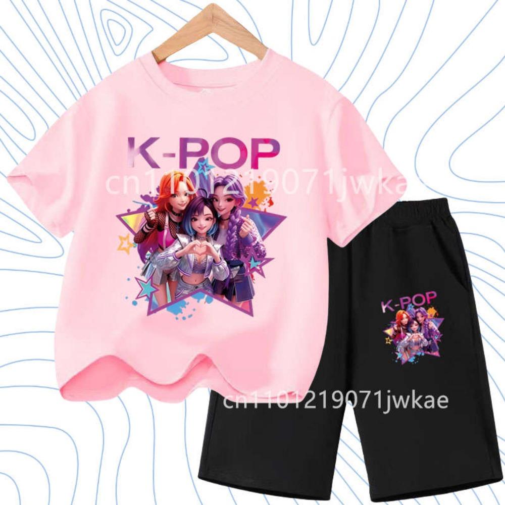 2026 Summer New K- POP Korean Idol Style Boys Girls Outfits Two-Piece Set with Printed Short-Sleeve T-Shirt Shorts