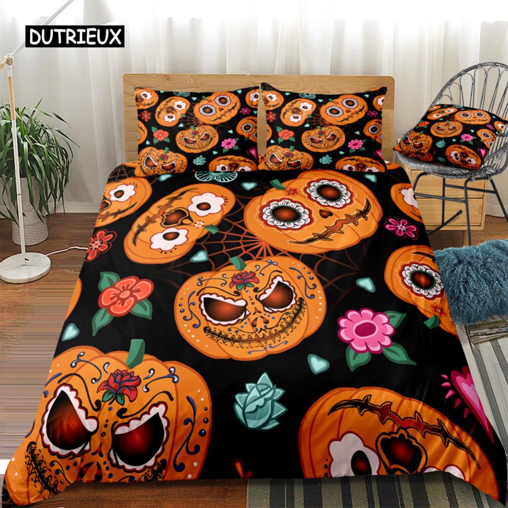 Happy Halloween King Queen Пододеяльник Оранжевый Тыквенный комплект постельного белья для детей Подростков Взрослых Летучие мыши Фестиваль ужасов Полиэстеровый пододеяльник