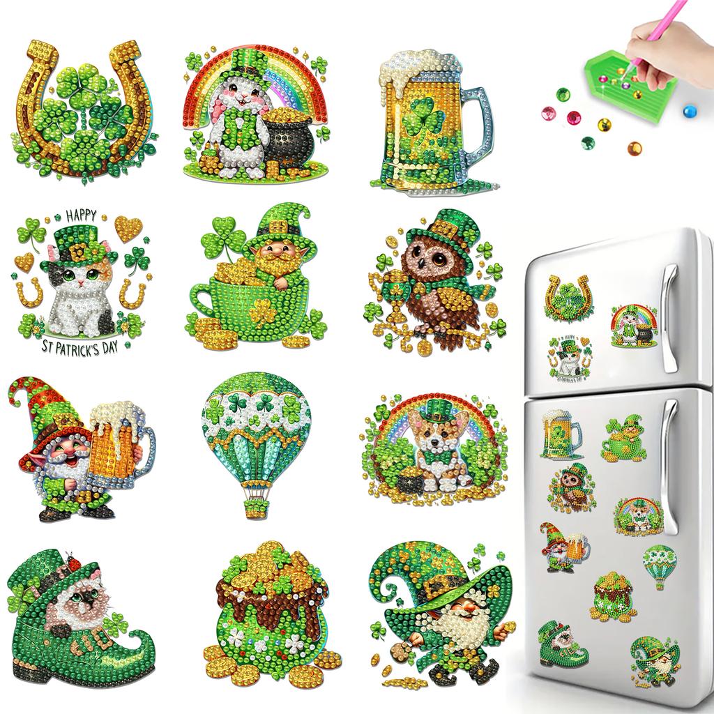 12Pcs St Patricks Day DIY Diamond Painting Magnets Kits Diamond Art Stickers Refrigerator Painting Kits for Beginners Home Decor