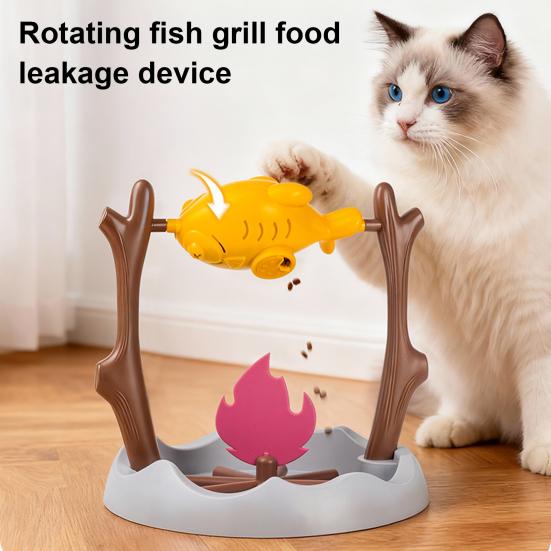 Вращающаяся рыба Диспенсер лакомств для кошек Интерактивная игрушка для кошек «Рыба на гриле у костра» Веселая медленная кормушка Обогащающая игрушка для домашних кошек Игра Тренировка