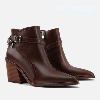 Мода 2025 Ковбойские ботинки из искусственной кожи для женщин Толстый высокий каблук Молния Пряжка Ремешок Ботильоны Острый носок Ботильоны Обувь Осень Зима