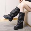 Мода 9,5 см Синтетическая кожа Женские ботильоны на скрытой платформе и танкетке Осенне-весенние ботинки-чулки до колена на блочном каблуке