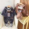 Children Clothes Plus Velvet Sweater Warm Hooded Vest Cotton Cute Three-piece Cartoon Printed Bear Suit