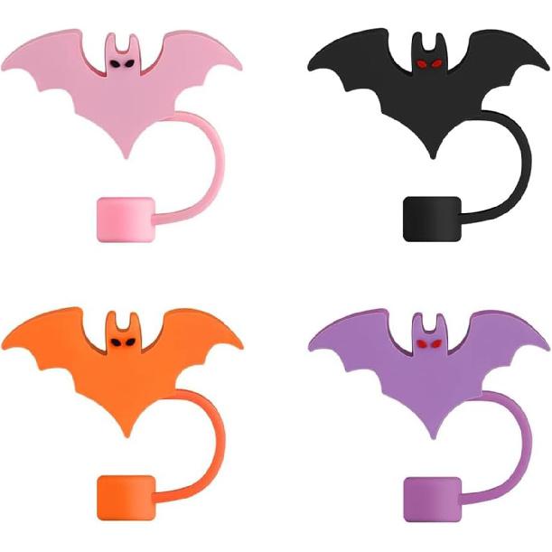4Pcs Halloween Stanley Cup Straw Cover 10mm Bat traw Toppers Reble Silicone Straw Tip Covers Bats Shape Drinking Straw Covers Halloween Decorations