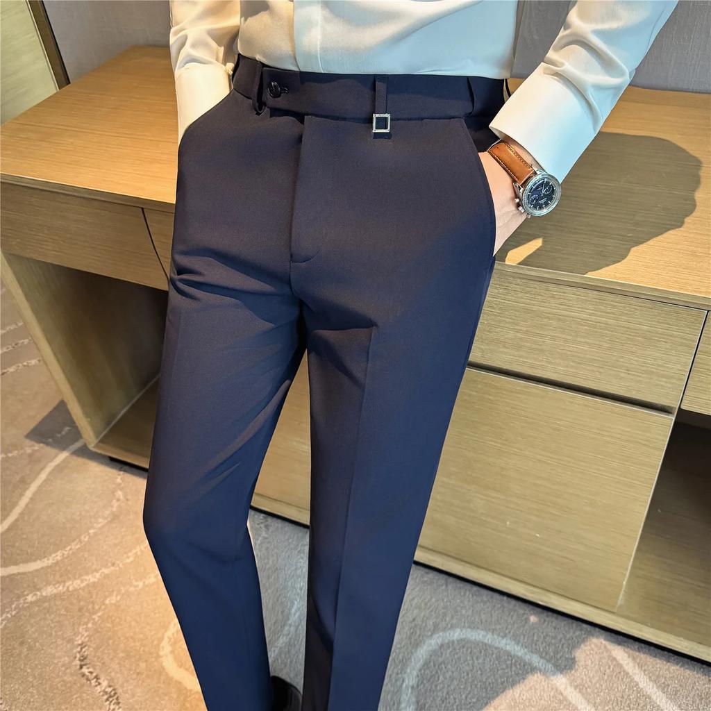 Весна Осень Высокое Качество Мужские Брюки от Костюма на Эластичной Талии Модные Смарт-Кэжуал Приталенные Брюки для Костюма Мужские Однотонные Брюки в Полную Длину