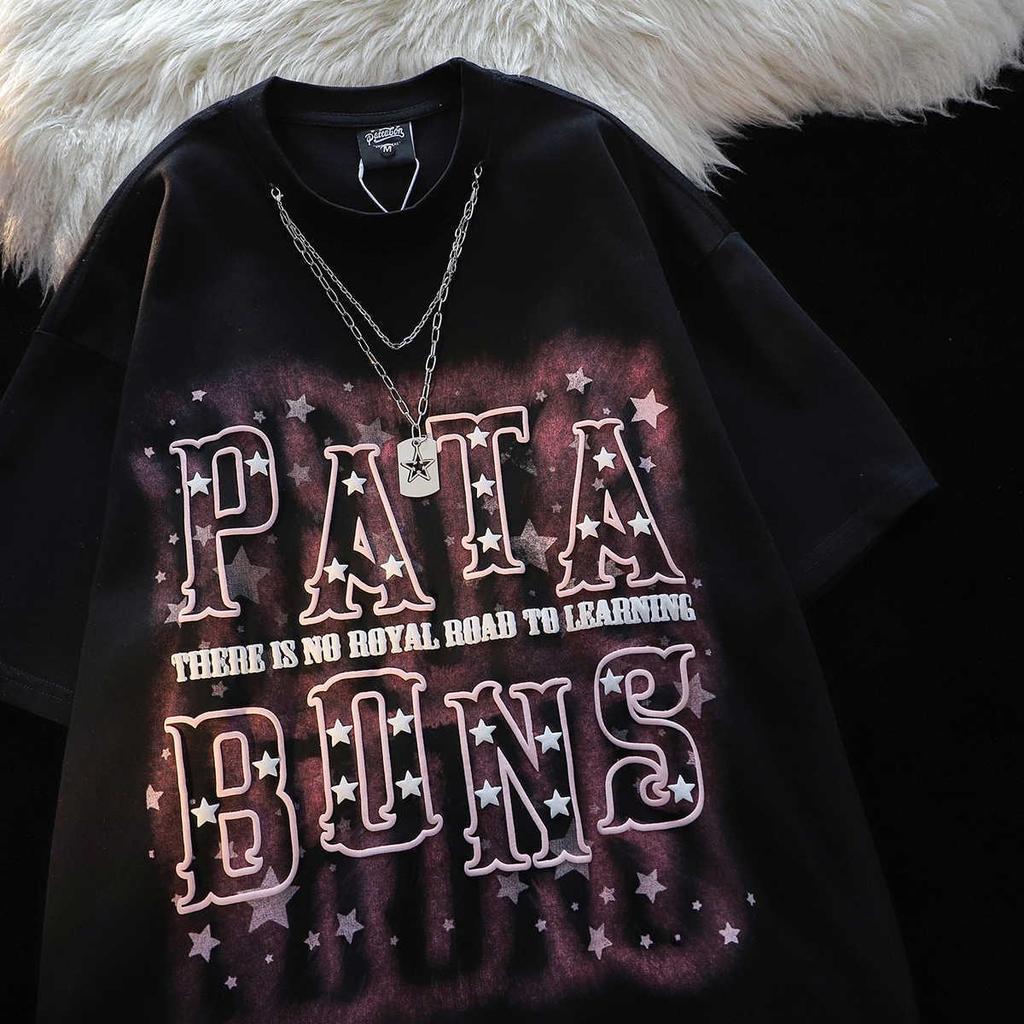 Унисекс Футболка с графическим принтом в виде звезды и буквы - Модная, из чистого хлопка, свободного кроя, с коротким рукавом, в уличном летнем стиле