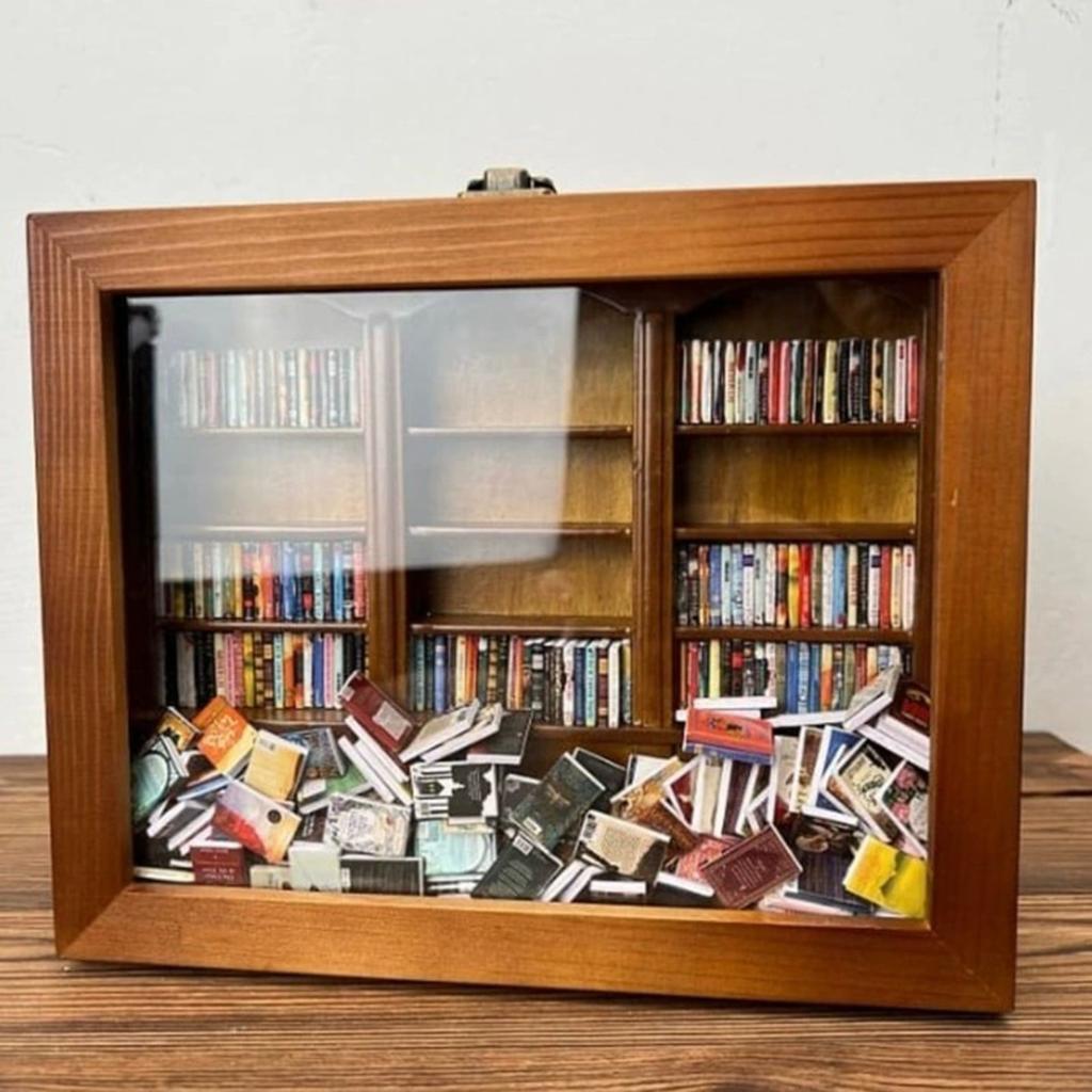 Anxiety Bookshelf Tiny Miniature Library Display Cabinet with Mini Book Stress Relief and Creativity Decor Mini Book Matchbox Shelf for Anxiety Relief