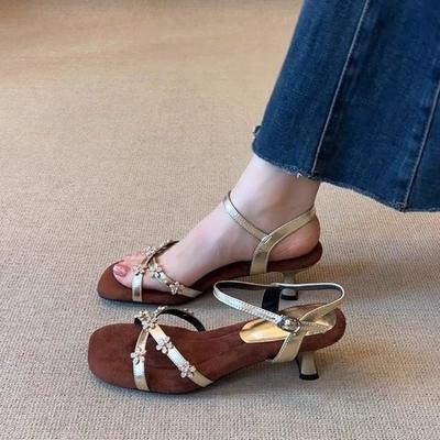 2025 Новая Мода Элегантные Золотые Женские Босоножки на Высоком Каблуке Дизайн со Стразами Свадебная Обувь Сексуальные для Вечеринки