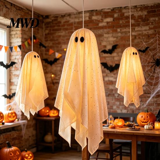 Glowing Halloween Scene Accessories 3Pcs Lighted Hanging Ghost Decorations,Glowing Warm LED Floating Ghosts, Swinging Creepy Yard Decorations