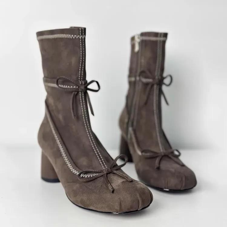 Модные ботильоны на толстом каблуке в стиле французского балета, женские ботильоны с бабочкой, с круглым носком, короткие ботинки на молнии сбоку, эластичные ботильоны до середины икры