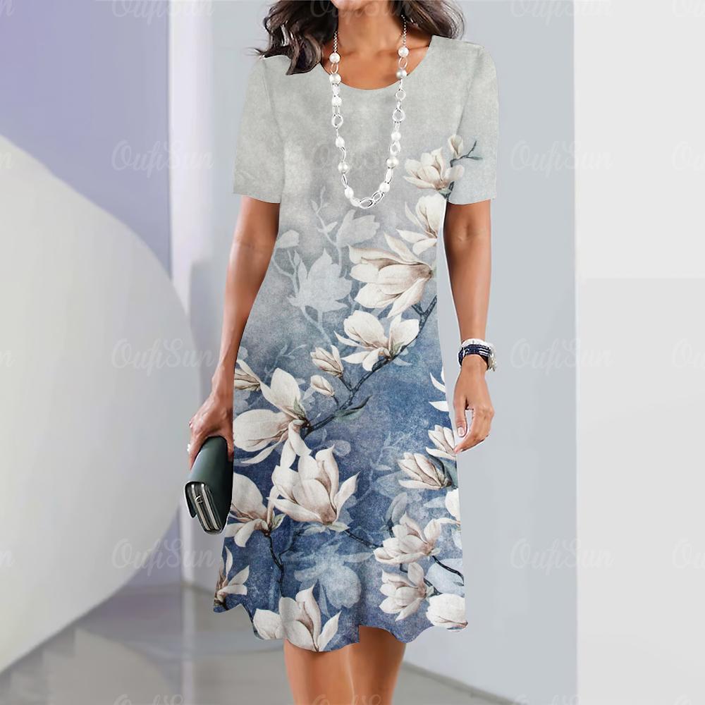 Летние женские платья с 3D-принтом в виде цветов с коротким рукавом, элегантная свободная юбка А-силуэта, модное женское платье большого размера