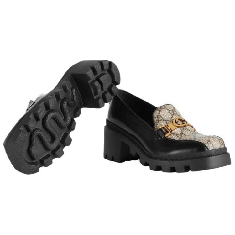 Gucci Женские лоферы на платформе с переплетенными кожаными пряжками и переплетенными узорами, черные, артикул 670417 DKSM0 1063