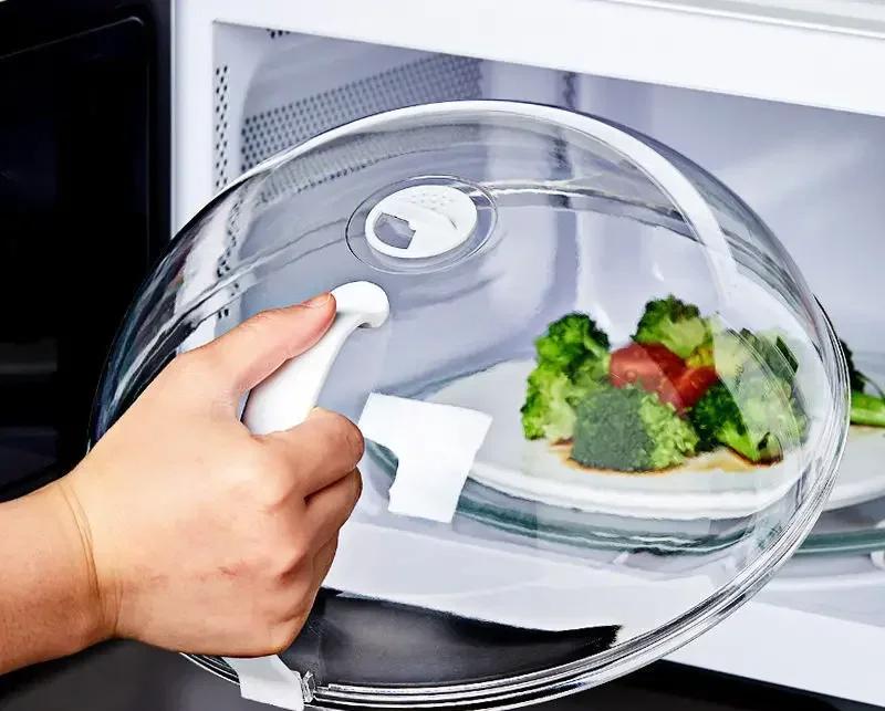 Защита от брызг в микроволновой печи, термостойкая крышка для подогрева пищи с отверстием для выпуска пара и ручкой, прозрачная крышка для тарелки