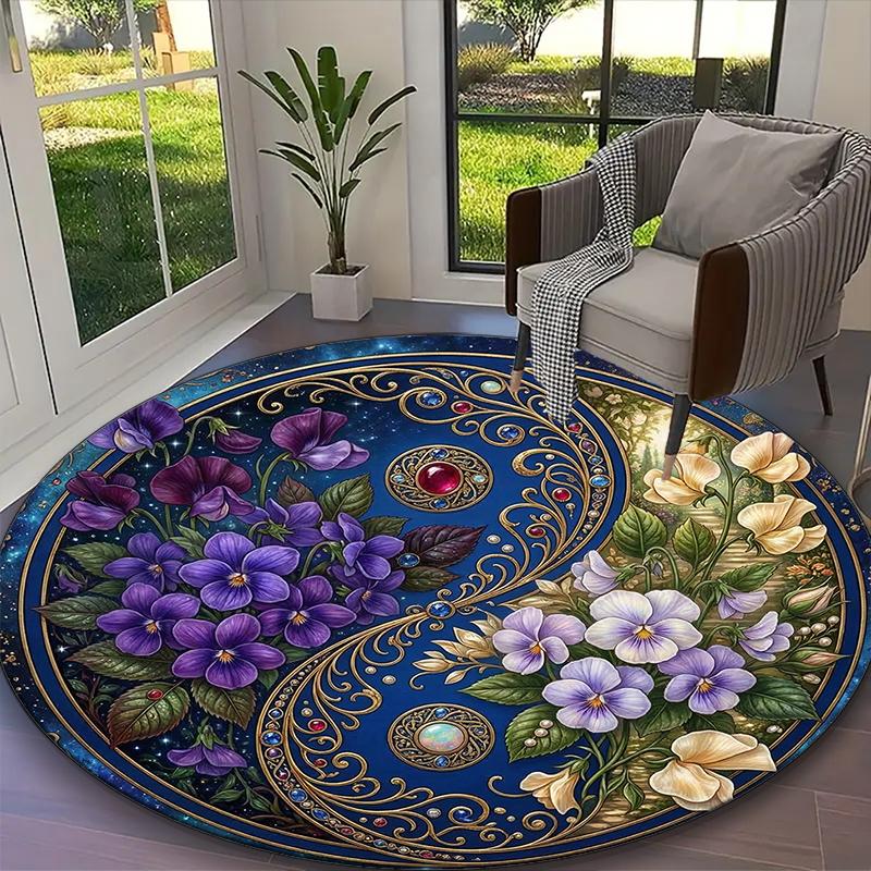 1pc Lotus Blossom Yin Yang Printed Chair Rug for Home Office Use, Living Room Kitchen Game Room Round Carpet