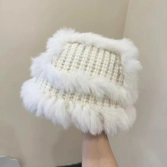 Women Fisherman Hat Imitation Rabbit Fur Decor Autumn Winter Windproof Warm Dome Soft Knitting Basin