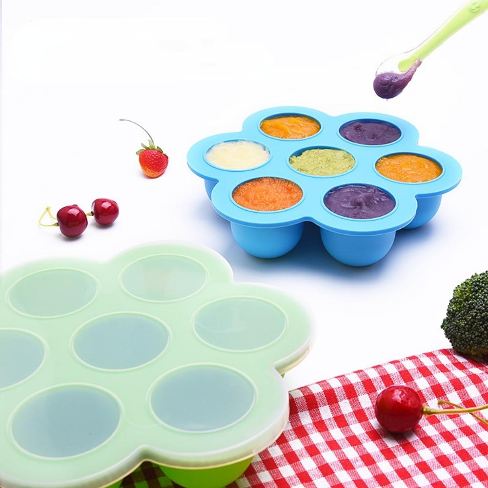 Large Baby Silicone Complementary Food Box Storage Box Silicone 7 Holes Ice Lattice Food Grade Silicone Ice with Lid