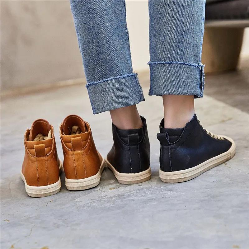 Fashion Women Genuine Leather Sneakers Spring High-top Casual Shoes Autumn First Layer Cowhide Ladies High Top Vulcanized Shoes Sneakers