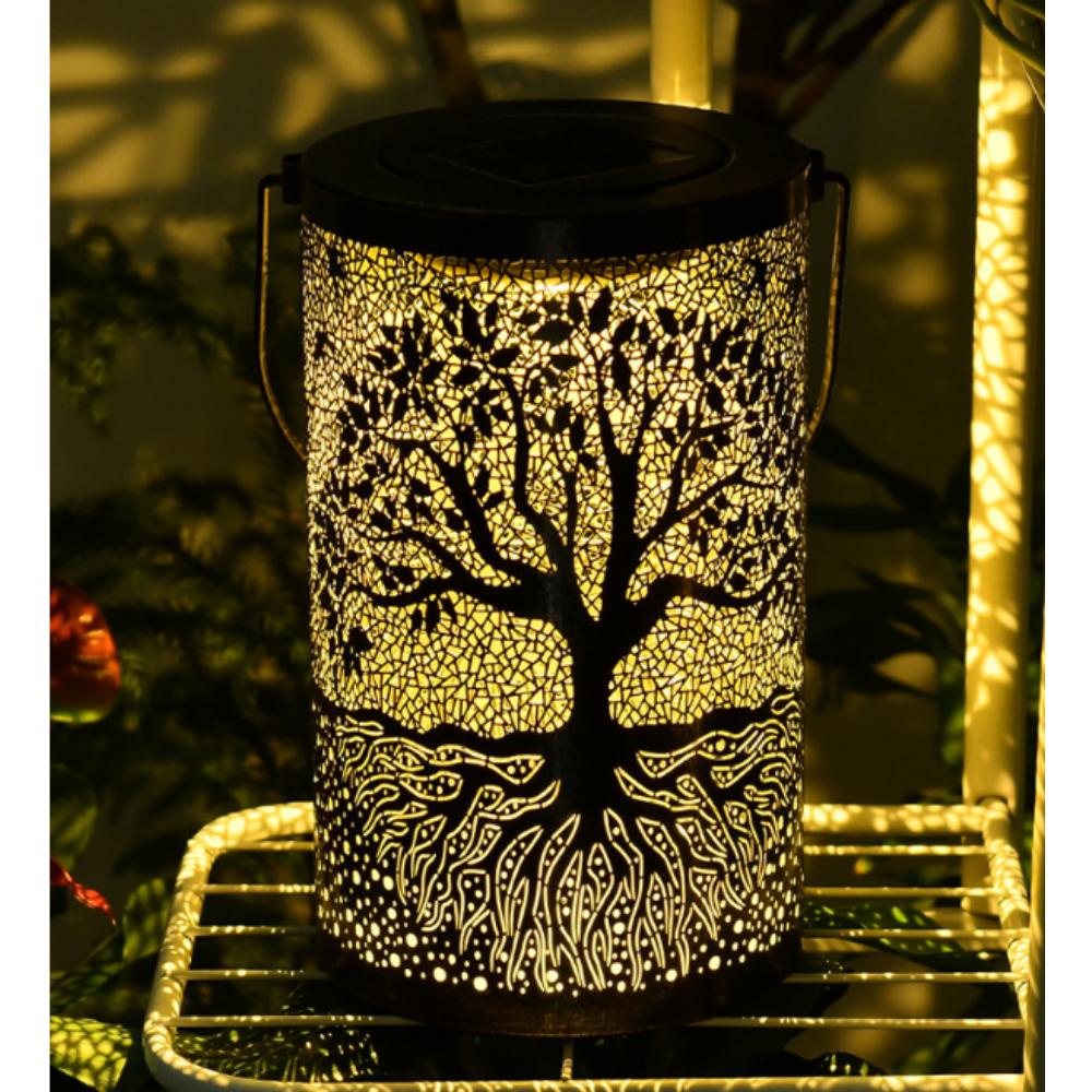 Лампа из кованого железа с большим деревом, открытый сад, солнечная лампа для просмотра, декоративная атмосфера, полая подвесная лампа