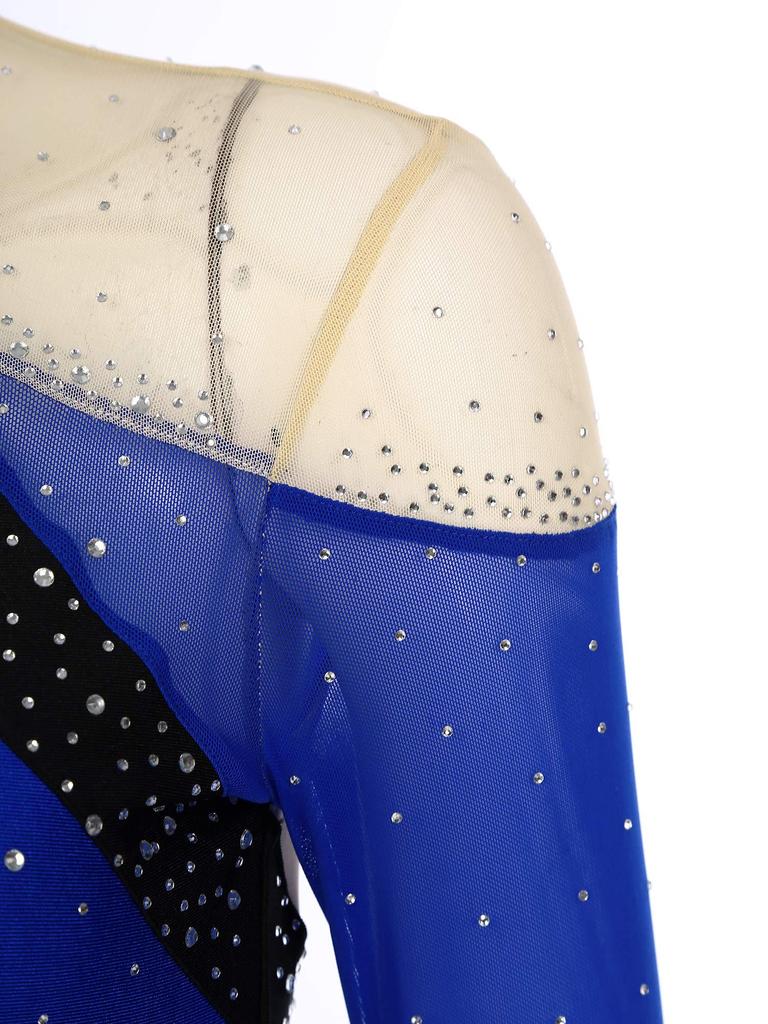 Women Figure Skating Performance Costume Sheer Mesh Rhinestones Leotard Dress for Modern Lyrical Dance Gymnastics Acrobatics