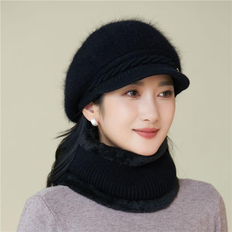 Women's Winter Velvet Thickened Cold and Warm Knitted Wool Hat Faux Rabbit Fur Hat Ear Protector Cap